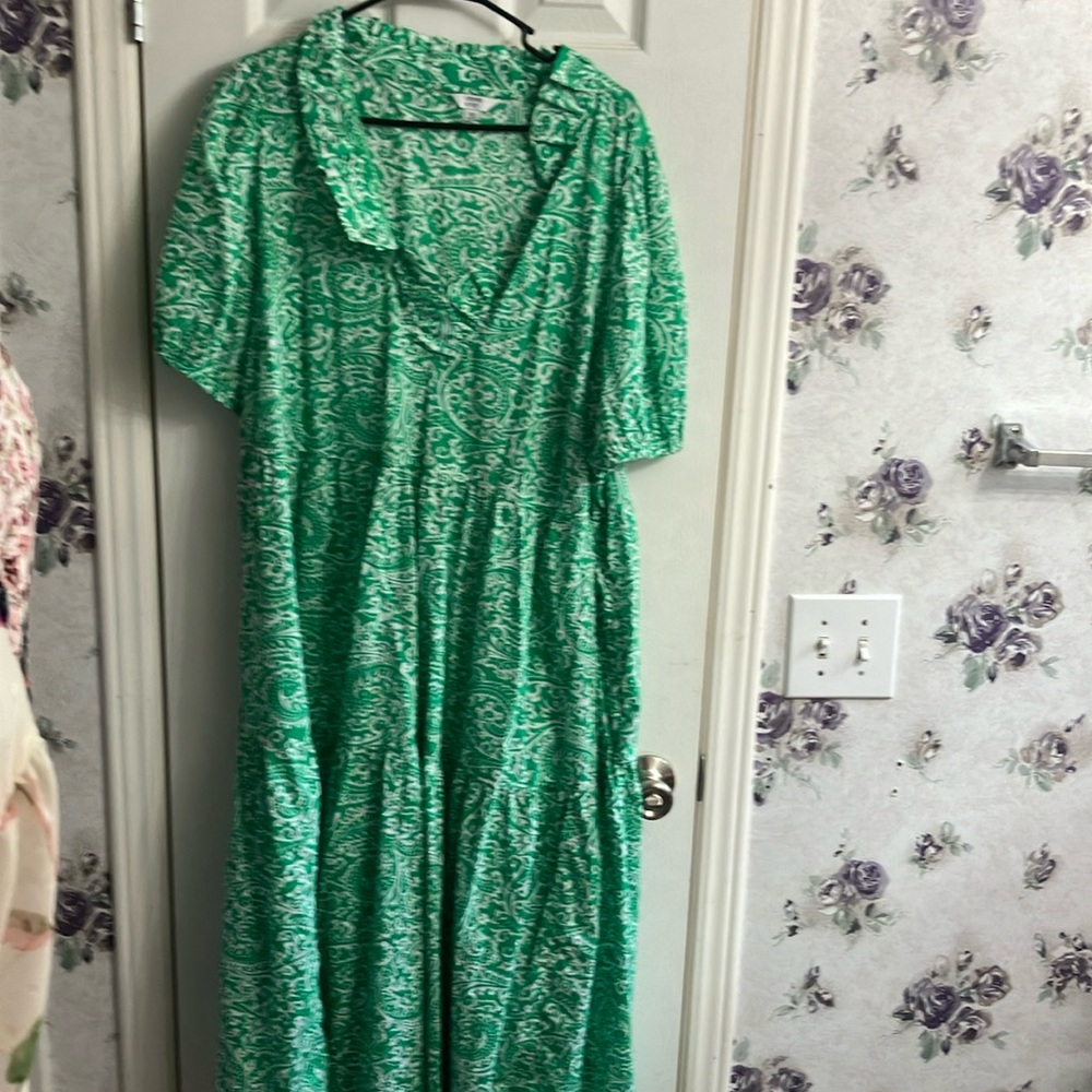Kelly Green crown and Ivy dress Paisley print comes to the ankle